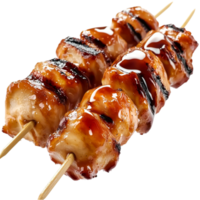 Grilled chicken skewers coated in a thick glossy sauce png