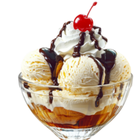 Vanilla ice cream scoops topped with chocolate syrup and a red cherry png