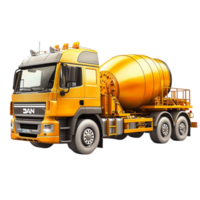 Heavy duty yellow concrete mixer truck with a large rotating drum png