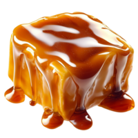 Shiny caramel cube with thick syrup dripping from its edges png