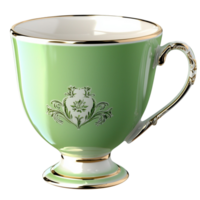 green porcelain teacup with delicate floral patterns and gold trim png