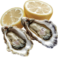 Two open oysters with glistening pearls next to sliced lemon halves png