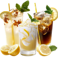 Reing summer drinks with ice and lemon garnishes png