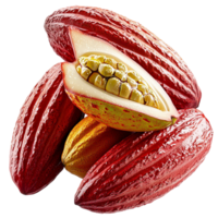 Open cocoa pods revealing cocoa beans with a reddish outer shell png