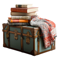 Vintage trunk is stacked with books and fabrics png