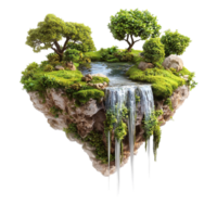 Floating island with cascading waterfall and greenery png