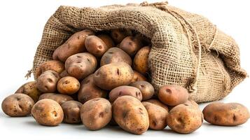 Burlap sack of locally grown potatoes, a natural food ingredient photo