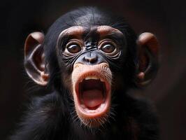 A baby primate with fur, making a funny face, mouth open photo