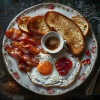 Breakfast plate with eggs, bacon, toast, and coffee photo