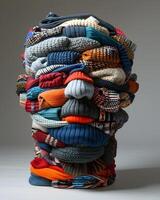 A stack of woolen sweaters and scarves creatively arranged to resemble a face photo