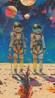 two astronauts are standing on the moon with planets in the background photo