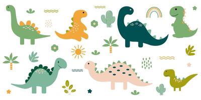 Cute Dinosaur with trees and plants vector