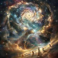 Cosmic Spiral with Mystical Figures in Expansive Universe photo
