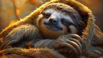A terrestrial animal, sloth, sleeps on a branch in the jungle photo