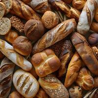 Various types of bread displayed as a staple food at the table photo