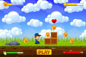 Game Assets. Contains ground tiles and many items, objects, character and buttons. assets and layers for your 2D mobile games. Cartoon style game background vector