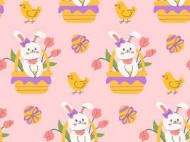 Seamless Easter pattern with cute bunny in a basket, yellow chicks, tulips, and decorated eggs on a pink background, perfect for festive designs, cards, and spring-themed projects. vector