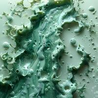 Closeup of green liquid with bubbles on white surface photo