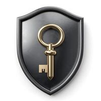 A golden key is elegantly displayed on a black shield, symbolizing security and protection. photo