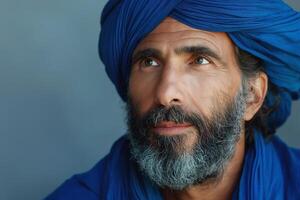A contemplative Middle-Eastern man adorned in a blue turban and cloak gazes upward with a wise expression. photo