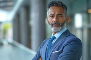 Confident middle-aged man with a beard dressed in a suit, standing with arms crossed in a modern office setting. photo
