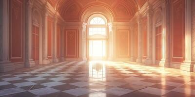 A stunning interior space with majestic columns and warm sunlight illuminating the elegant checkered floor. photo