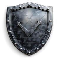 A metallic shield featuring a sleek design with arrows and rivets, embodying strength and protection. photo