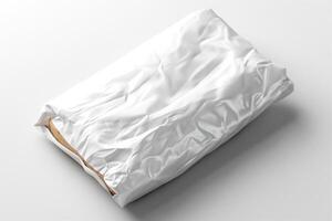 A crumpled white package resting on a smooth surface, conveying an air of intrigue and simplicity. photo