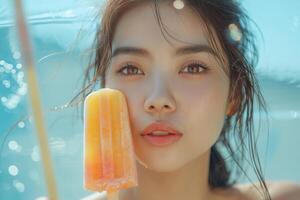 Young Asian woman enjoying a colorful popsicle in a pool, exuding summer vibes with a dreamy expression. photo