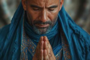 A middle-aged Middle Eastern man in a serene moment of prayer, dressed in rich blue garments with intricate patterns. photo