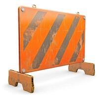 A weathered orange construction barricade with faded stripes and rusty supports, signaling caution in work areas. photo