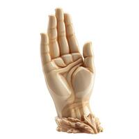 A serene sculpture of a raised hand in a soft cream color, symbolizing peace and openness. photo