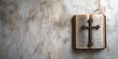 A close-up of an open Bible with a wooden cross placed on its pages, conveying a sense of spirituality and reflection. photo