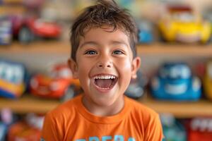Happy young boy with brown hair smiling broadly in front of colorful toy cars. photo