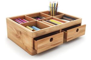 A wooden desk organizer featuring multiple compartments and drawers filled with colorful stationery. photo