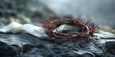 A striking image of a thorny crown resting on rough, dark rocks, symbolizing sacrifice and redemption. photo