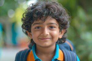 A smiling young boy with curly hair, wearing a bright blue shirt and a backpack, exudes joy and enthusiasm. photo