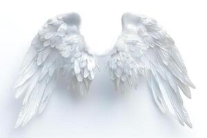 A stunning pair of angelic white wings, showcasing intricate feather details against a soft white background. photo