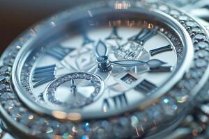 Close-up of an elegant silver watch with intricate details and sparkling diamonds, capturing the essence of luxury. photo