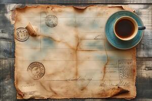 An antique postcard with postage stamps and a cup of coffee, evoking a sense of nostalgia and warmth. photo