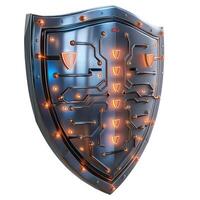 A futuristic shield with glowing circuitry and lights, symbolizing digital security and defense. photo