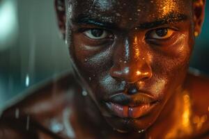 Intense portrait of a young Black male with shimmering skin, illuminated by dramatic lighting. photo