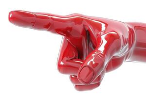 A vivid red, glossy hand pointing right, showcasing a sleek, modern design and emphasizing action and direction. photo