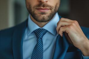 A stylish Caucasian man adjusting his blue suit's lapel, exuding confidence and sophistication. photo