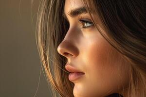 Close-up profile of a young Caucasian woman with flowing hair and captivating green eyes, highlighting her natural beauty. photo