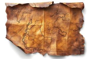 An aged, worn leather map featuring intricate outlines of various terrains and water bodies, evoking a sense of adventure. photo