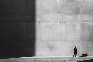 A solitary figure walks along a stark, shadowed concrete wall, evoking a sense of introspection and solitude. photo