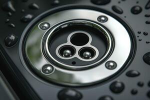 Close-up of a sleek metal drain with water droplets, showcasing modern design and reflective surfaces. photo