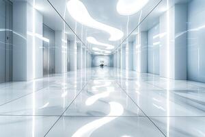 A sleek, modern hallway with glossy white floors and futuristic lighting, creating a tranquil and stylish atmosphere. photo
