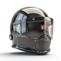 A sleek black motorcycle helmet with a transparent visor, showcasing modern design and safety features. photo